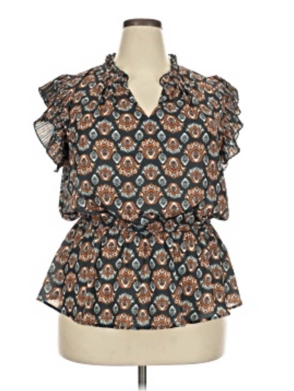 Voy Women’s Plus Pleated Ruffle Sleeve Paisley Print Top Sz 1X Teal & Rust Print